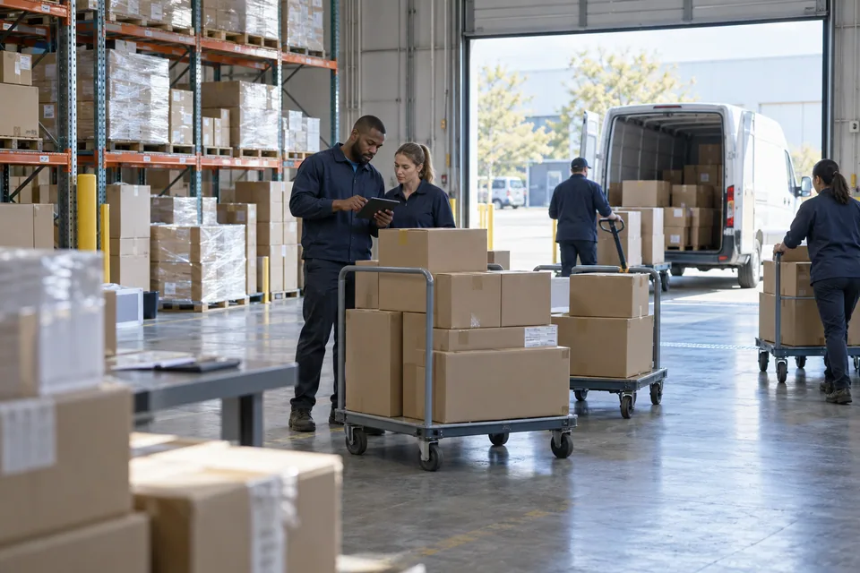 Illustrative scene: A distribution team coordinating boxed orders for regional delivery.