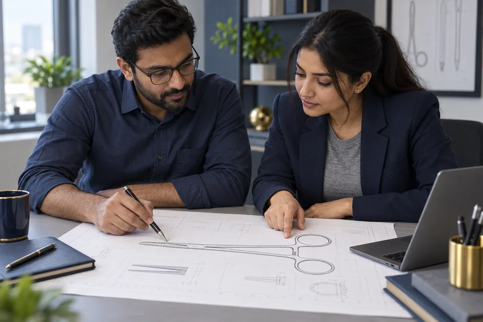 Illustrative scene: Two technical reviewers discussing a forceps drawing.