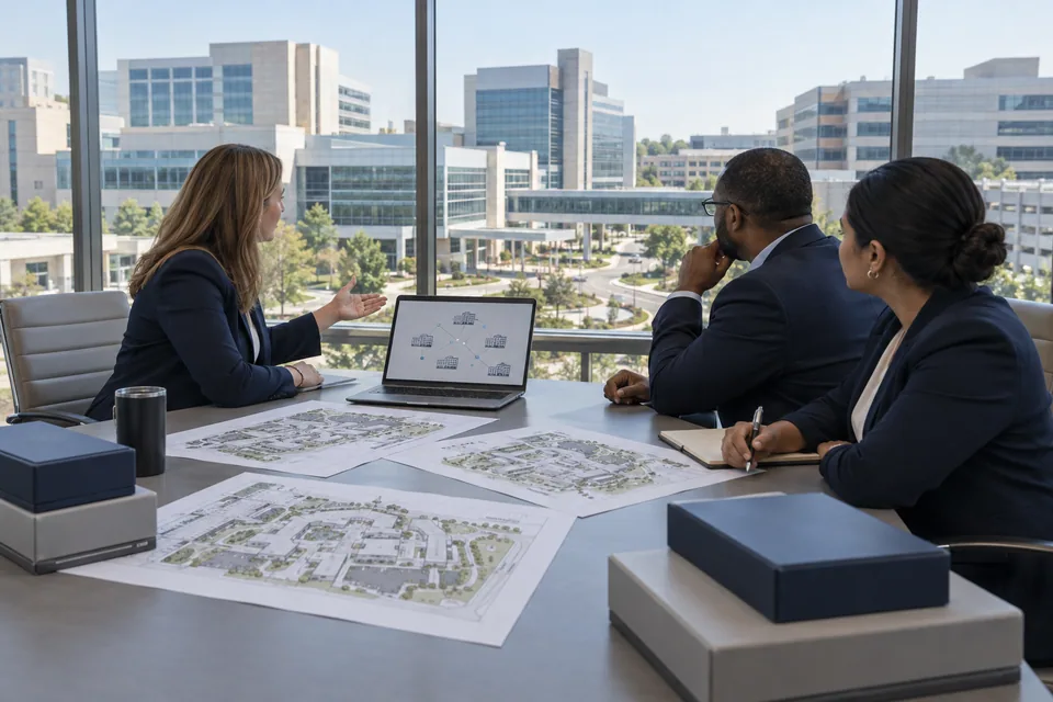 Illustrative scene: A hospital procurement team planning supplies across multiple facilities.