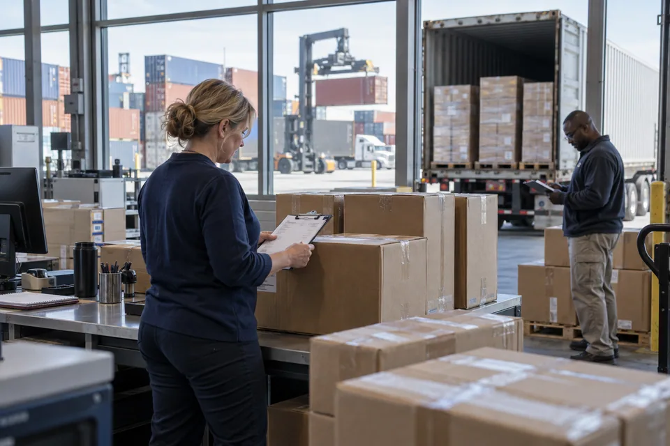 Illustrative scene: An incoming shipment being checked against paperwork at a freight terminal.
