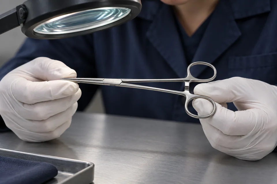 Illustrative scene: Gloved hands inspecting the alignment of a forceps sample.