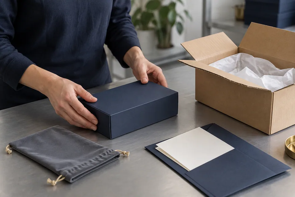 Illustrative scene: A box, pouch and paperwork being prepared for packing.