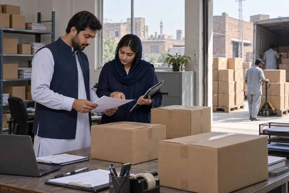Illustrative scene: An export team in Pakistan checking paperwork against packed orders.