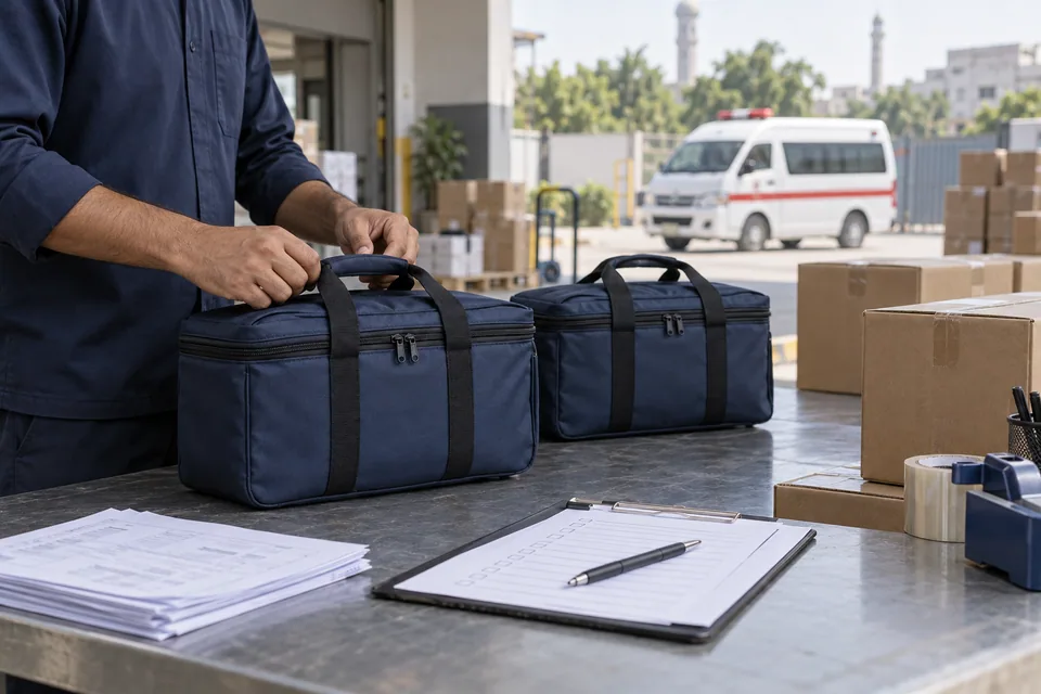 Illustrative scene: A fictional scene of closed first-aid bags being prepared for dispatch.