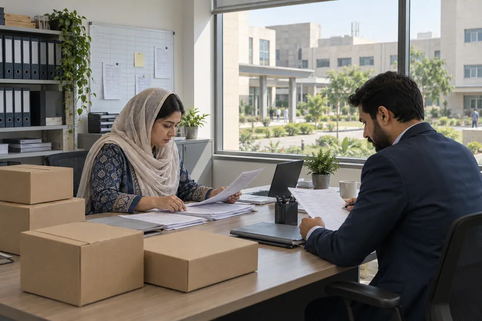 Illustrative scene: Hospital purchasing staff in Pakistan reviewing supply requirements.