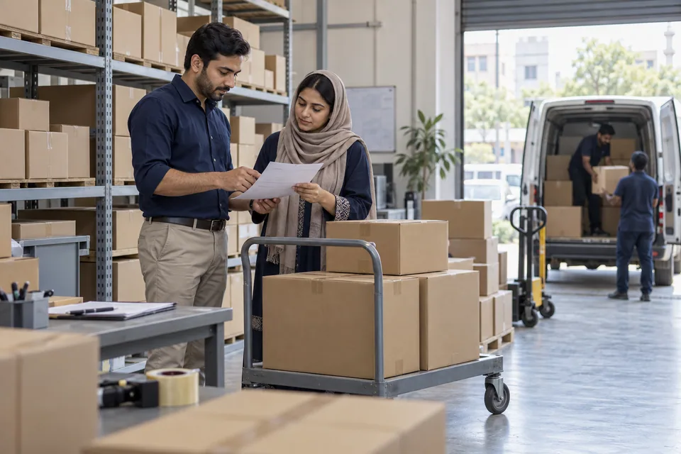 Illustrative scene: A medical supplier in Pakistan preparing boxed hospital deliveries.