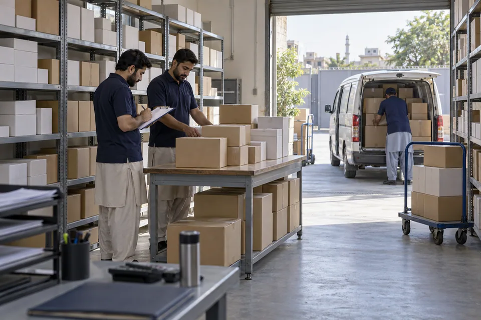Illustrative scene: A wholesale team in Pakistan checking stock for local dispatch.