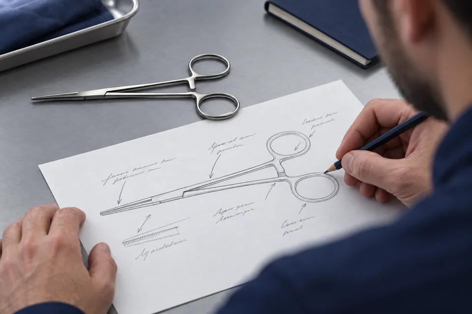 Illustrative scene: A reviewer annotating a drawing beside a forceps sample.