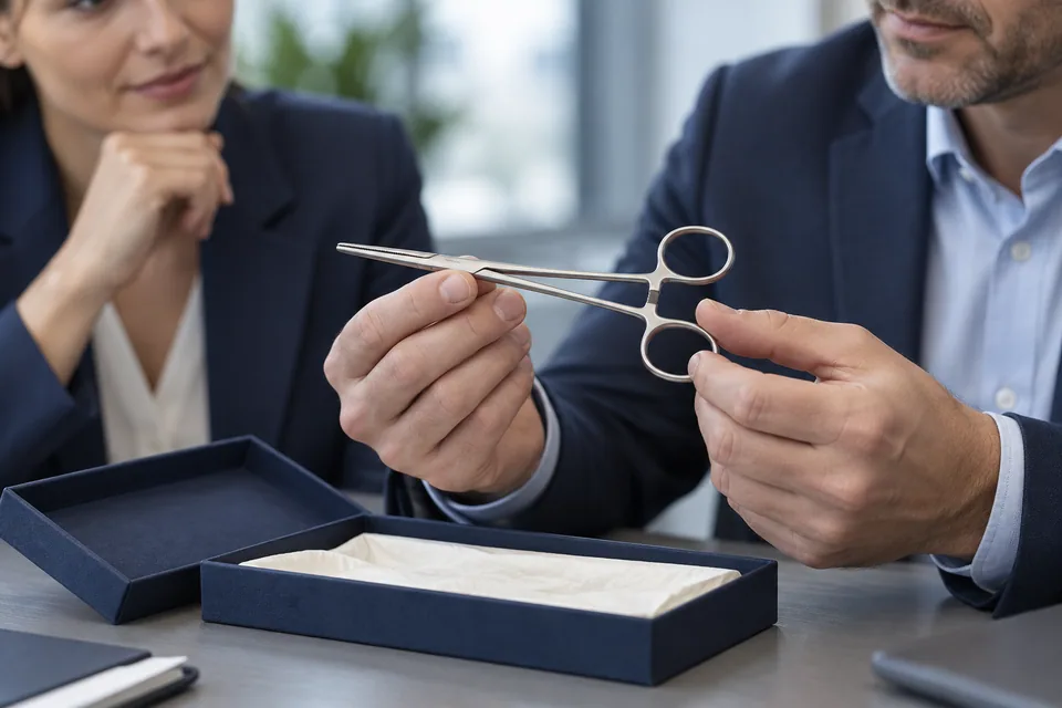 Illustrative scene: A buyer evaluating a forceps sample at a meeting table.