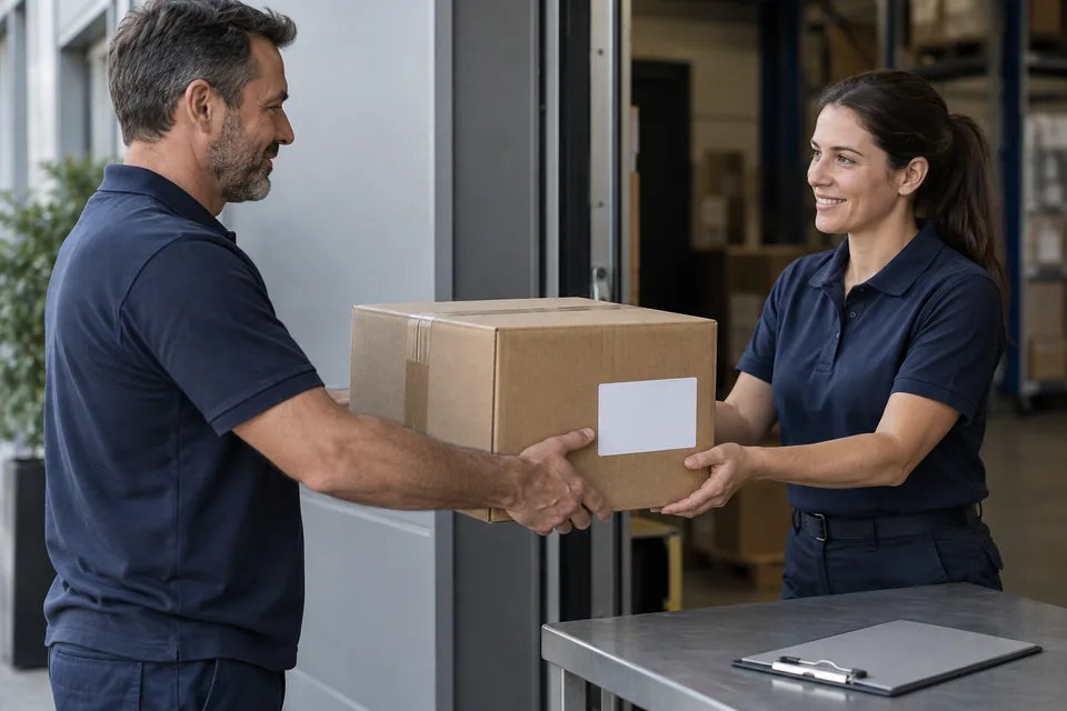 Illustrative scene: A packed consignment being handed to a carrier.