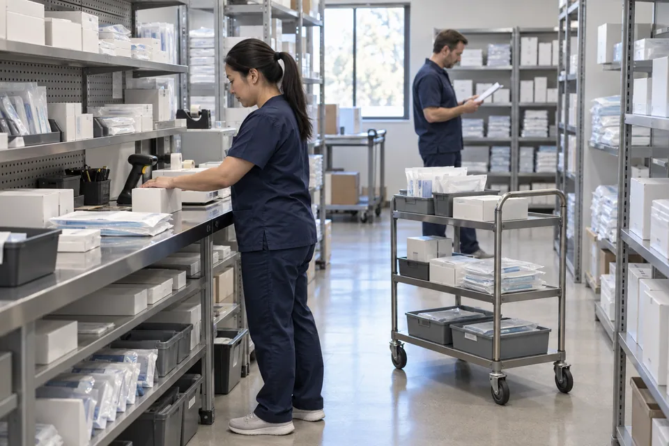 Illustrative scene: A medical supply team preparing packaged stock for hospital deliveries.