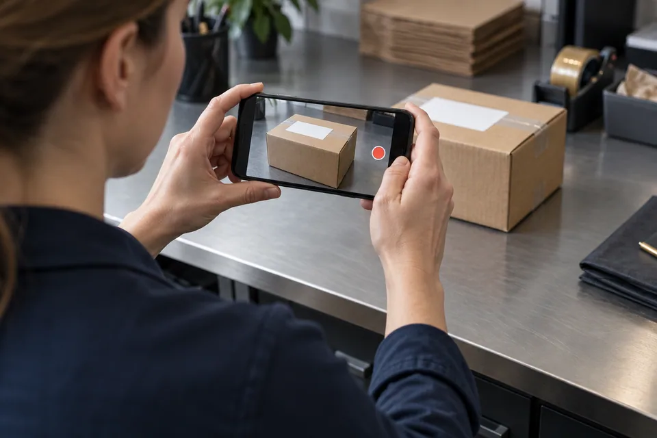 Illustrative scene: A phone recording a finished parcel before dispatch.